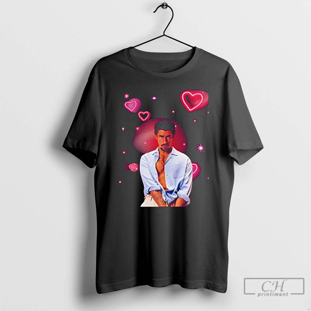 Premium Bad Bunny Benito Portrait Romantic Pink Hearts Graphic