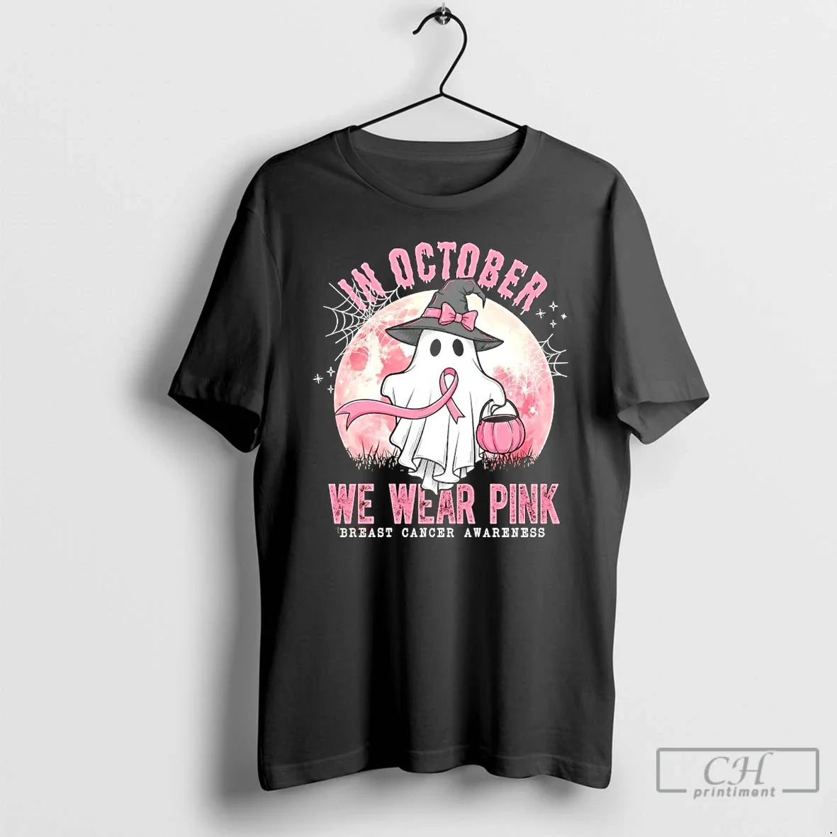 Premium In October We Wear Pink Breast Cancer Awareness Halloween Ghost T Shirts Unisex , , , Long Sleeve Tee