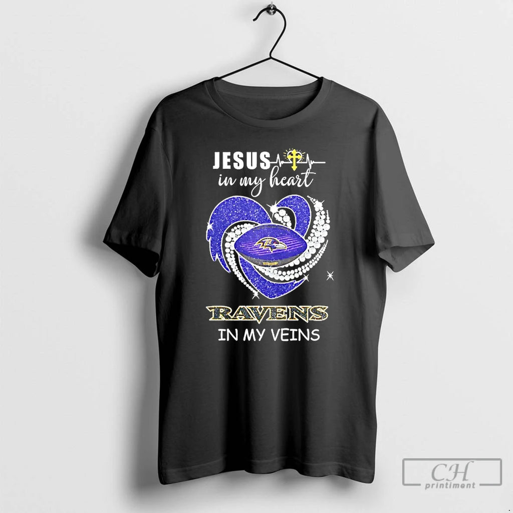 Premium Jesus In My Heart Baltimore Ravens In My Veins Diamond Heart T Shirts Sweater