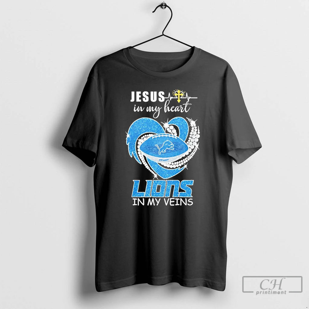 Premium Jesus In My Heart Detroit Lions In My Veins Logo Team T Shirts Sweater