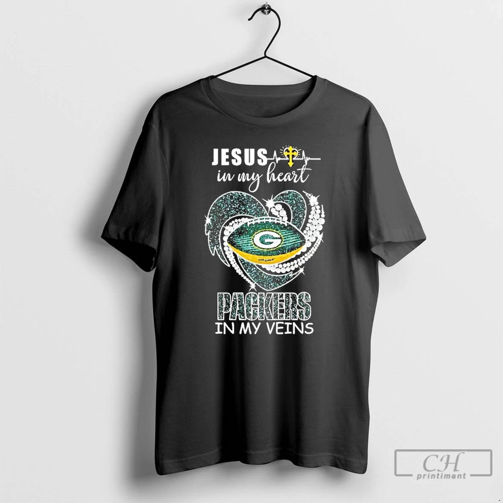 Premium Jesus In My Heart Packers In My Veins Diamond Heart Tee T Shirts Sweater