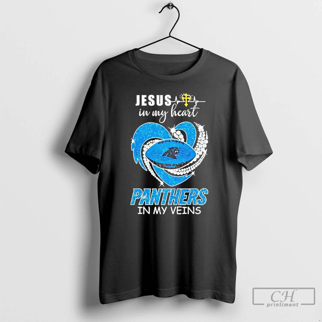 Premium Jesus In My Heart Panthers In My Veins Diamond Heart Tee T Shirts Sweater