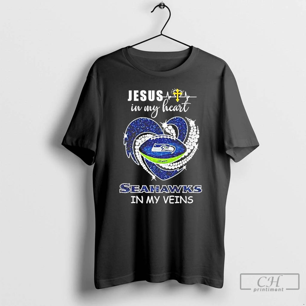 Premium Jesus In My Heart Seahawks In My Veins Diamond Heart Tee T Shirts Sweater