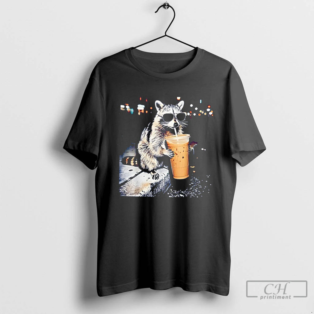 Premium Raccoon Drinking Iced Coffee Funny Animal Meme