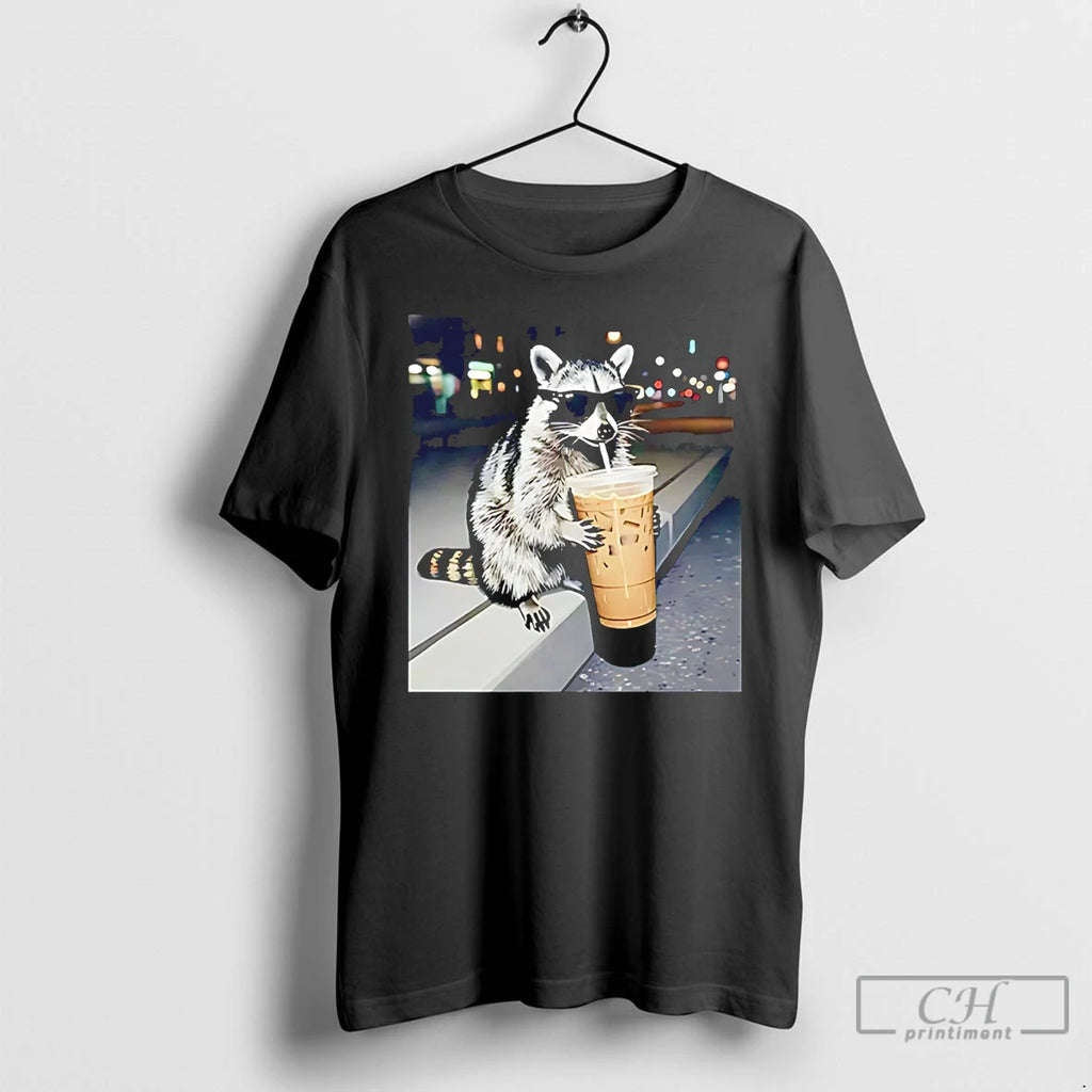 Premium Raccoon Drinking Iced Coffee Photo