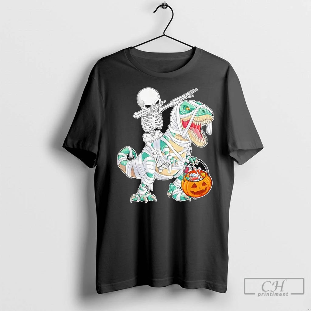 Premium Skeleton Riding Dancing Dab Dinosaur Trex Halloween T Shirts
