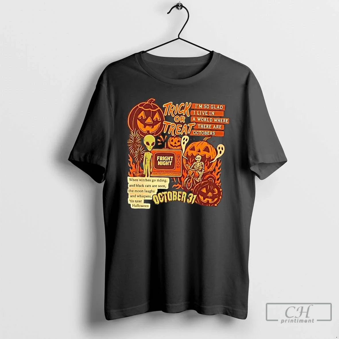 Premium Trick Or Treat Alien Skeleton Riding And Ghost Halloween T Shirts Unisex , , , Long Sleeve Tee