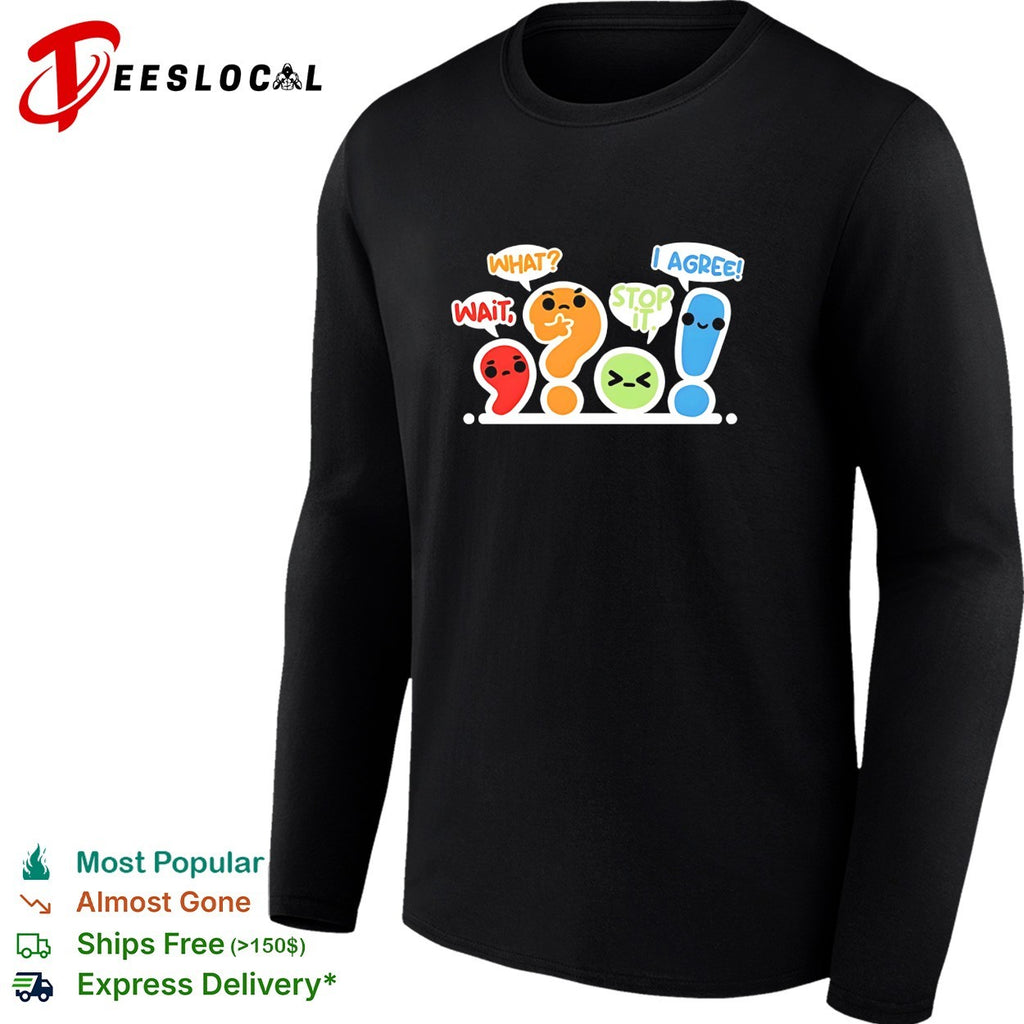 Punctuation marks question mark and exclamation point cartoon characters arguing shirt