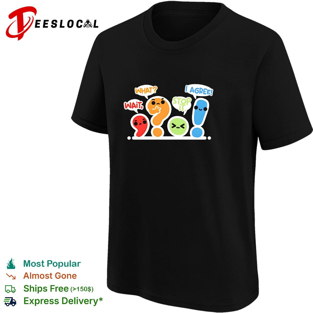 Punctuation marks question mark and exclamation point cartoon characters arguing shirt