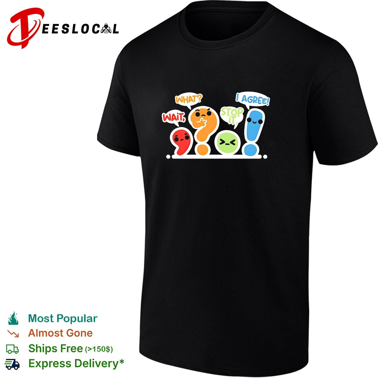 Punctuation marks question mark and exclamation point cartoon characters arguing shirt