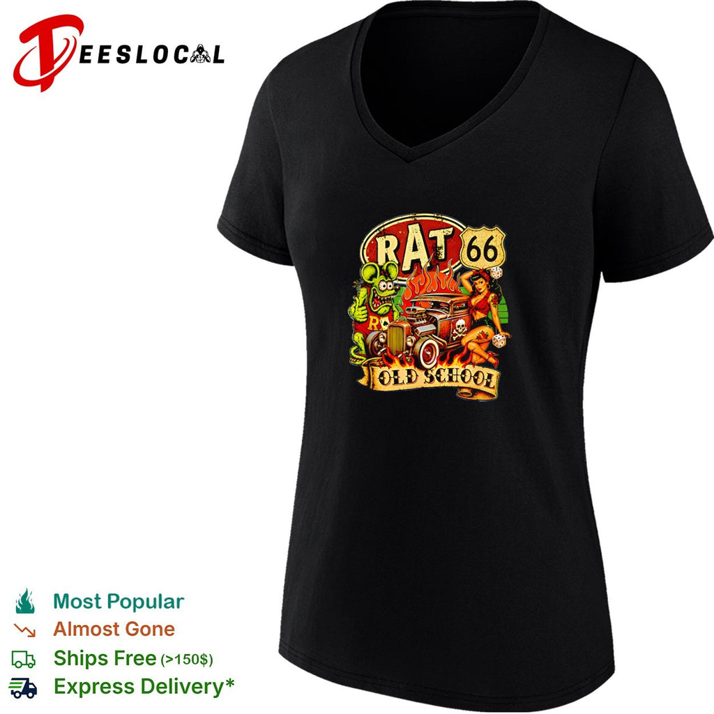 Rat mascot beside hot rod car and pinup girl rat 66 old school flames badge shirt