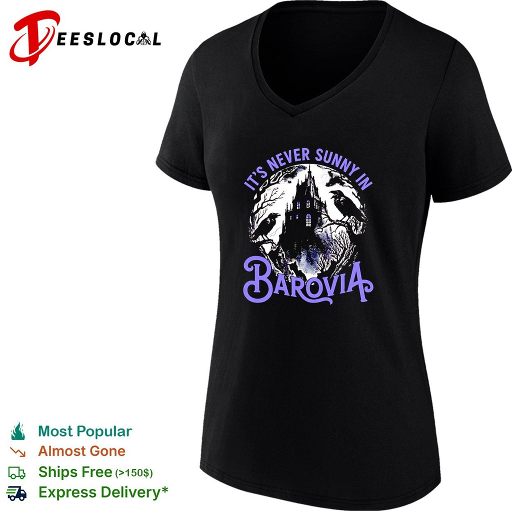 Ravens perching on gothic castle its never sunny in barovia dnd parody shirt