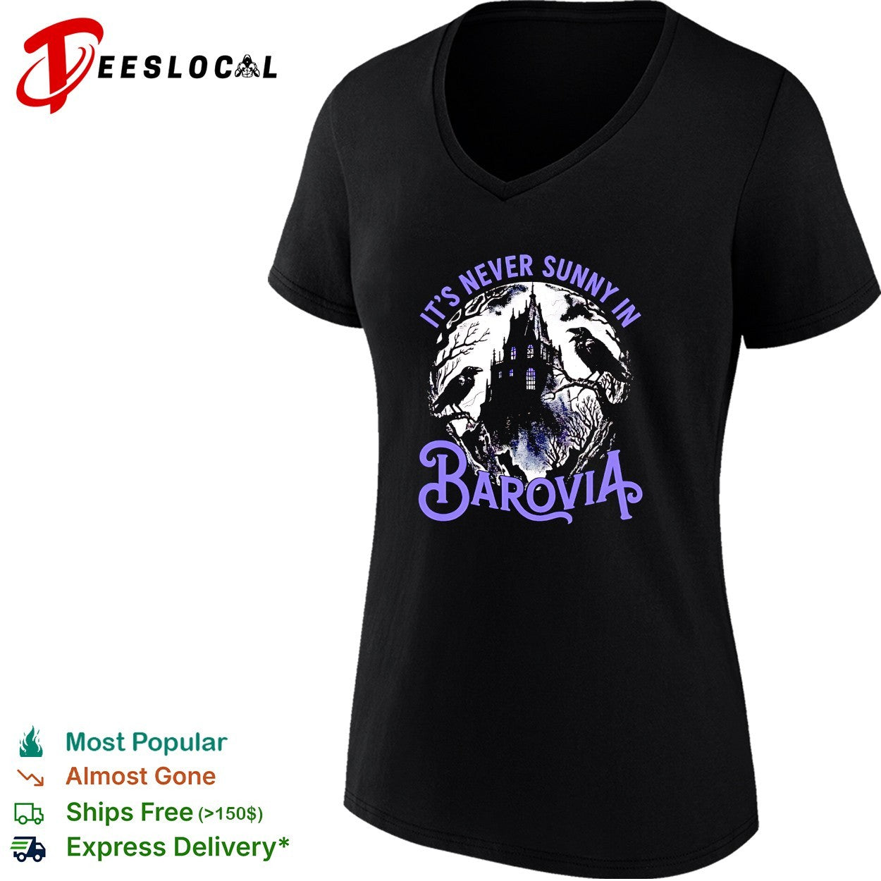 Ravens perching on gothic castle its never sunny in barovia dnd parody shirt
