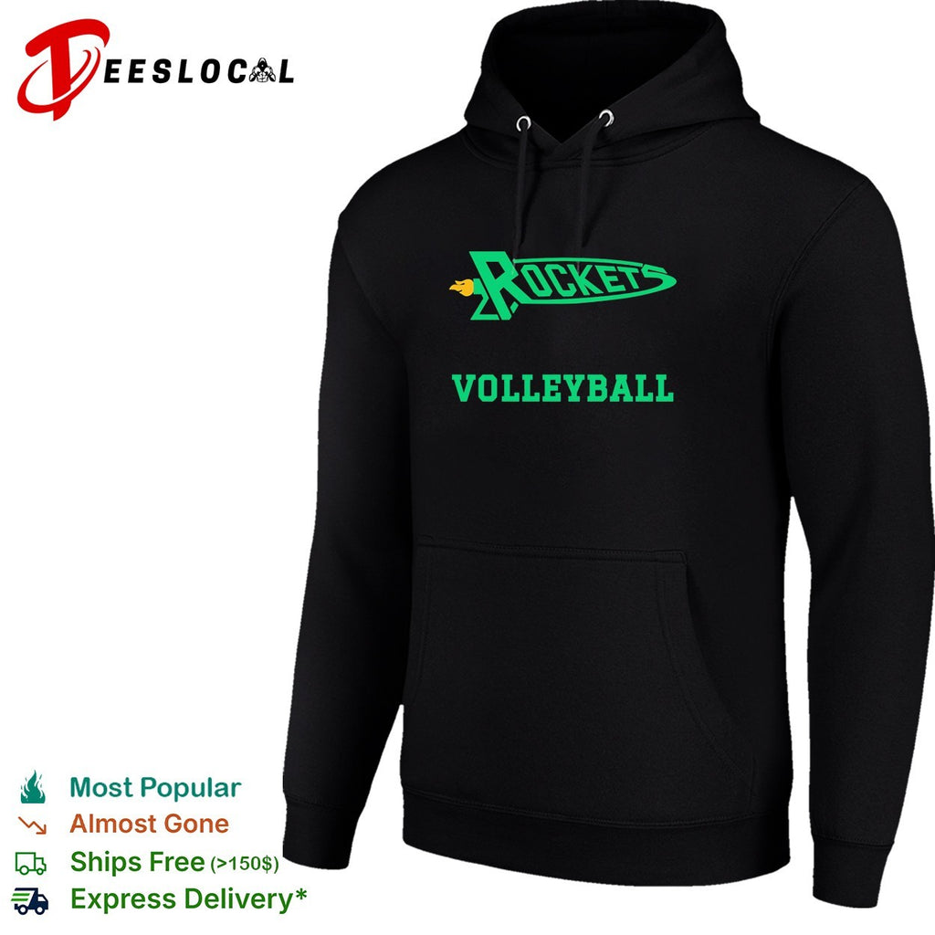 Rockets volleyball team logo with flame trailing comet shape mascot badge shirt