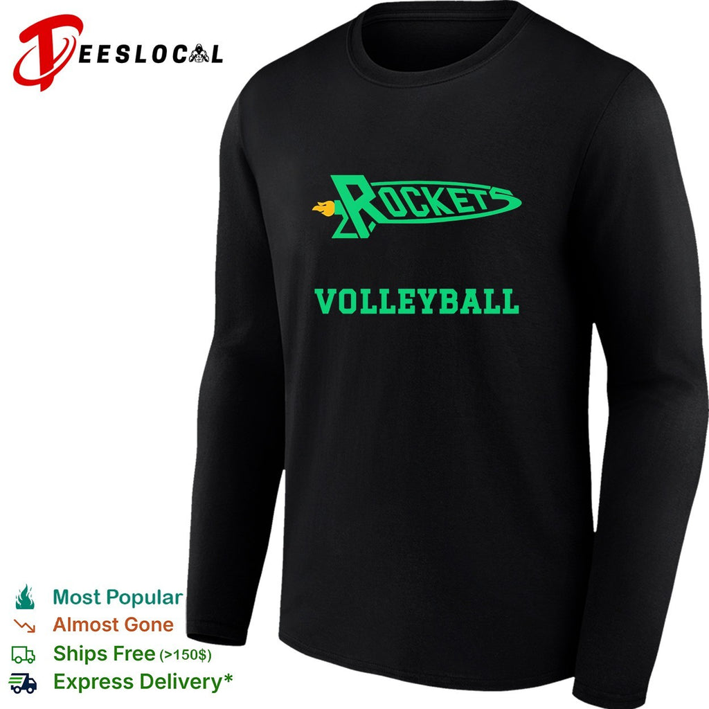 Rockets volleyball team logo with flame trailing comet shape mascot badge shirt