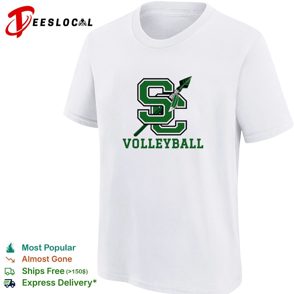 SC volleyball team logo with spear and feather crossing through letters shirt