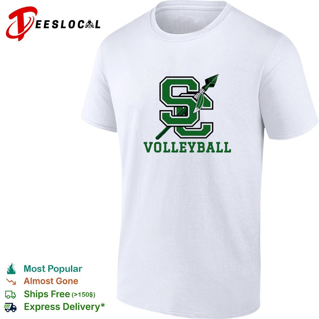 SC volleyball team logo with spear and feather crossing through letters shirt