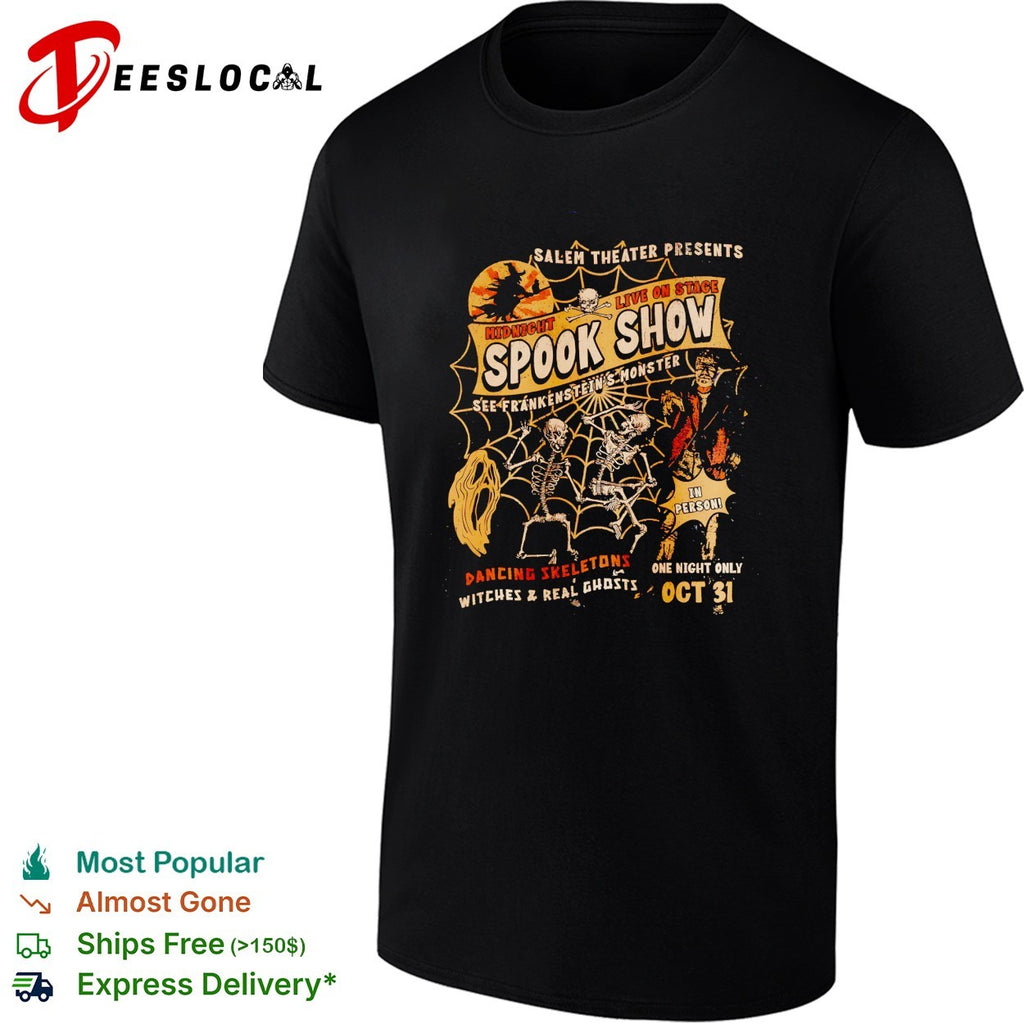 Salem Theater presents midnight spook show Frankenstein’s monster dancing skeletons shirt
