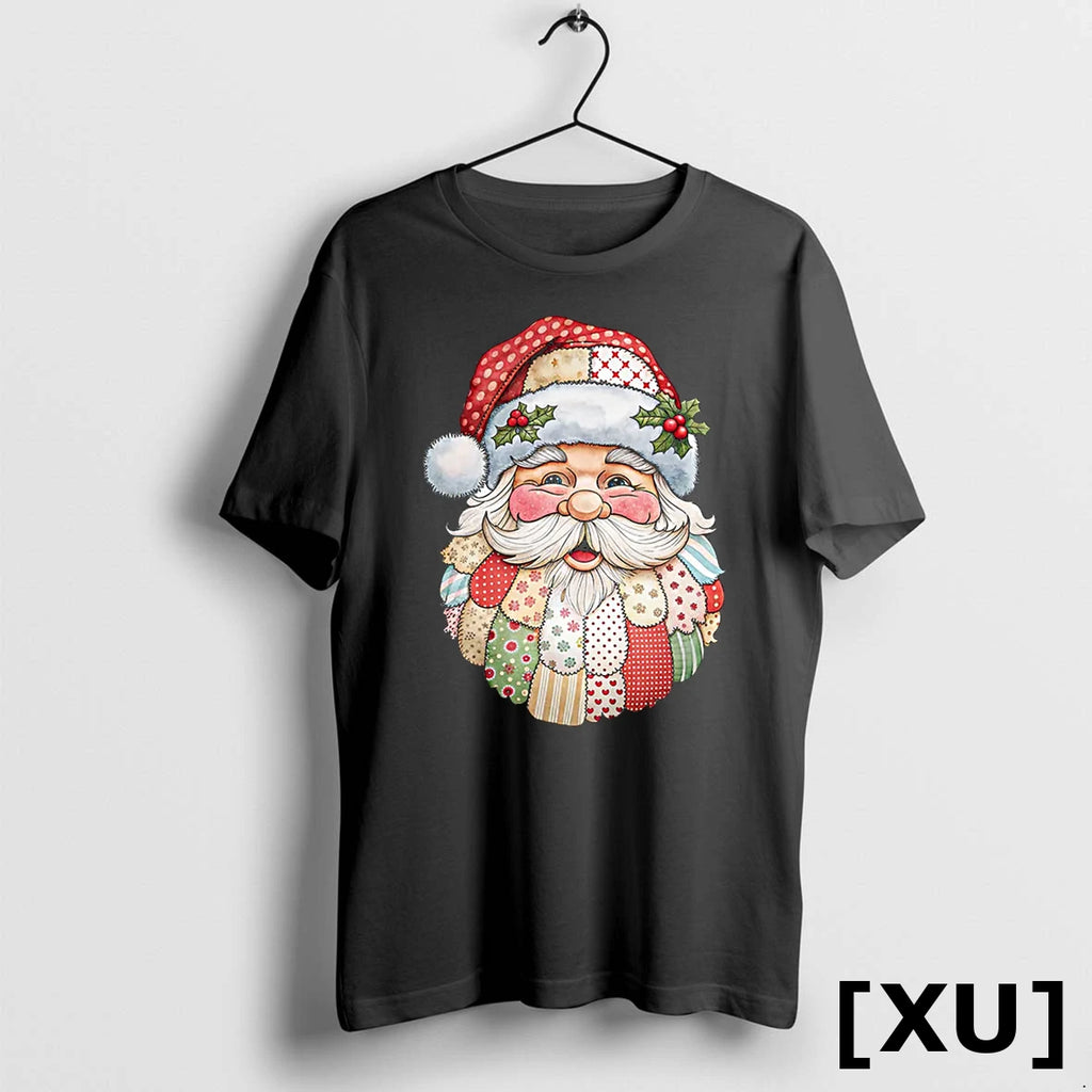 Santa Claus Face Patchwork Folk Art Christmas Xmas Tshirts Sweater