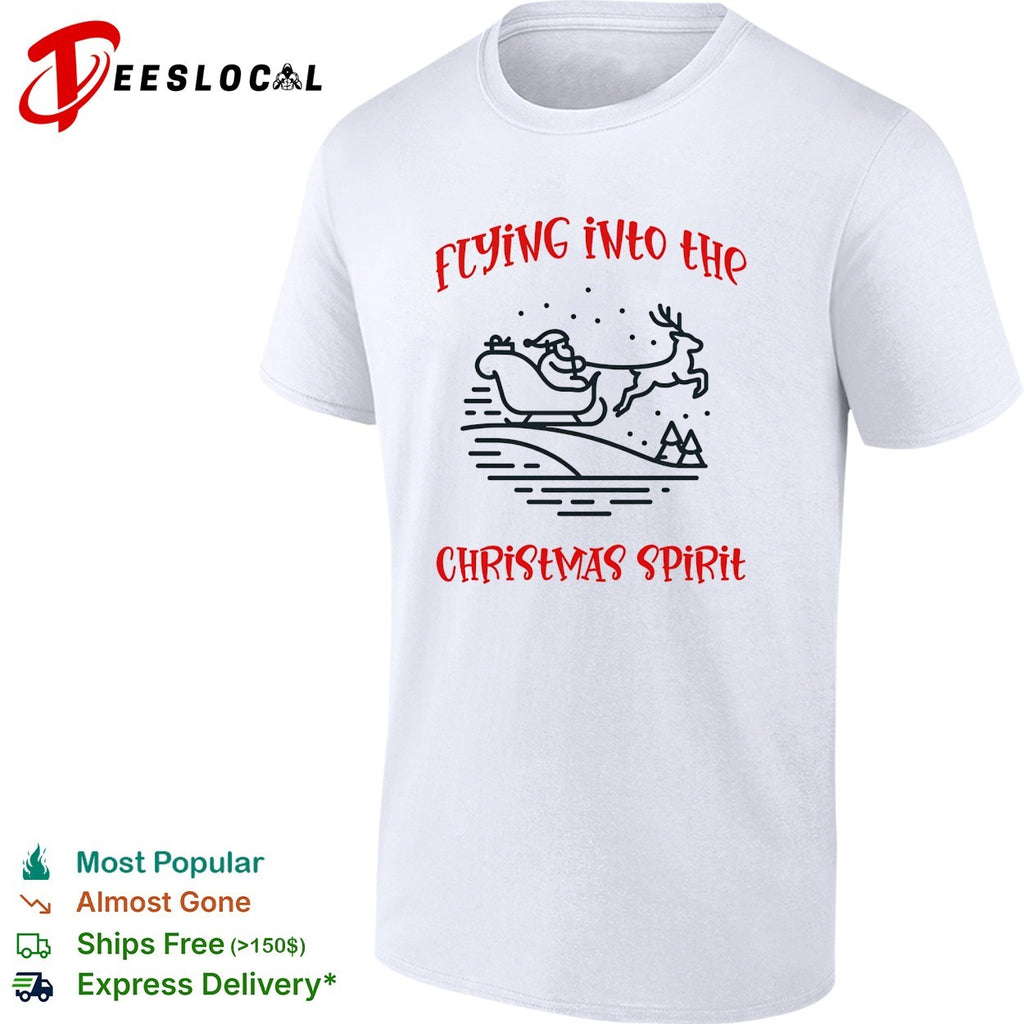 Santa Claus flying sleigh pulled by reindeer through falling snow christmas spirit shirt