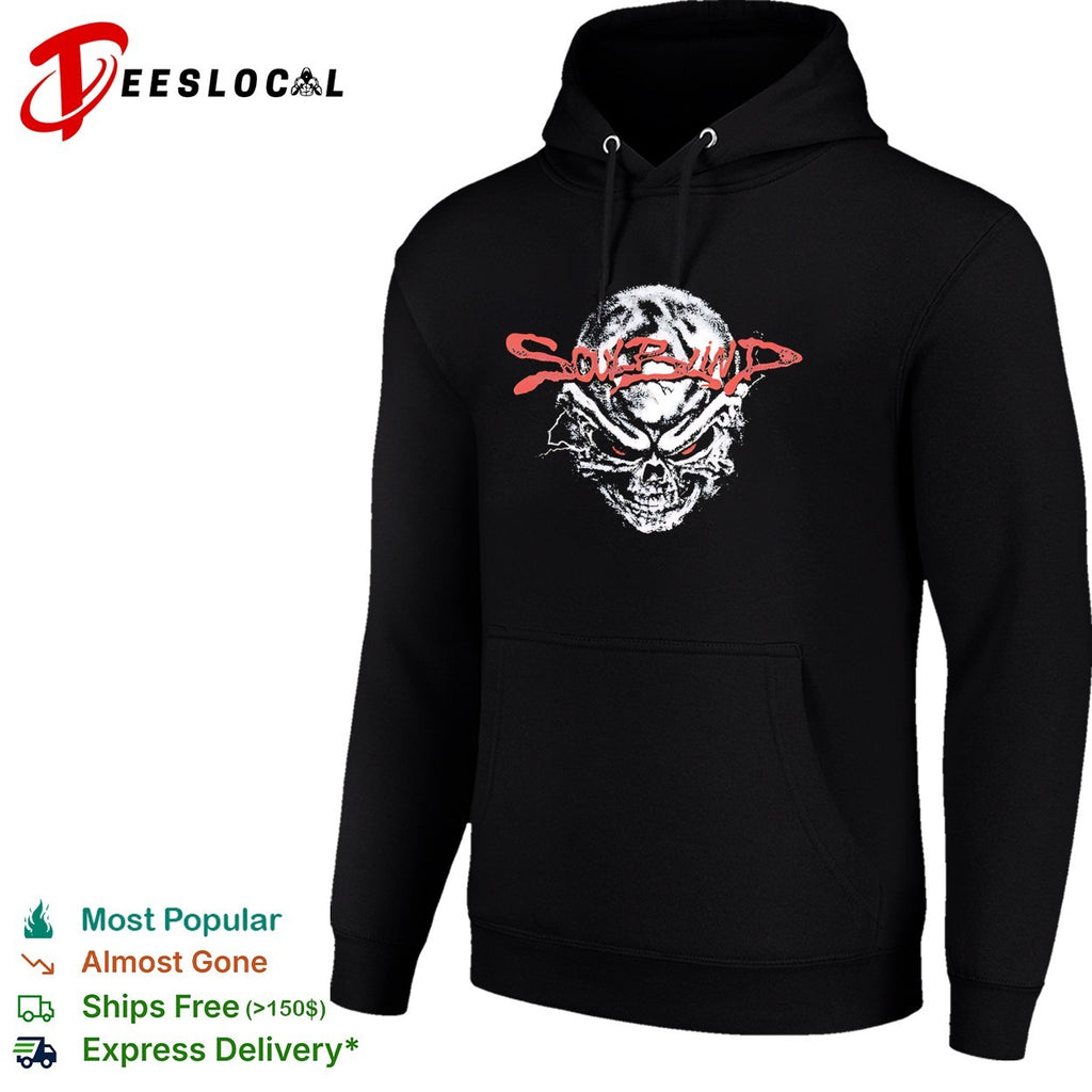 Soul Blind two glowing red eyes staring from a distressed skull face logo shirt
