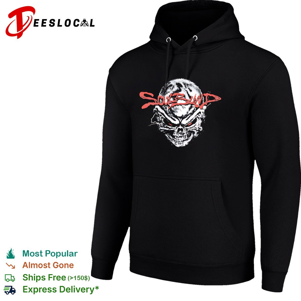 Soul Blind two glowing red eyes staring from a distressed skull face logo shirt