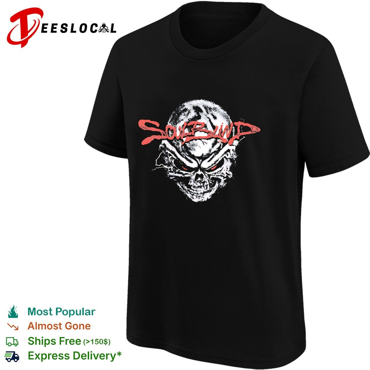 Soul Blind two glowing red eyes staring from a distressed skull face logo shirt