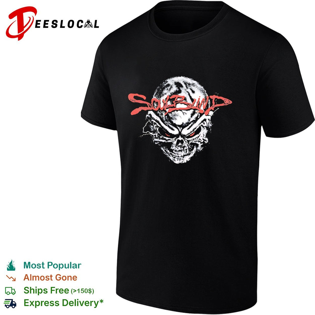 Soul Blind two glowing red eyes staring from a distressed skull face logo shirt