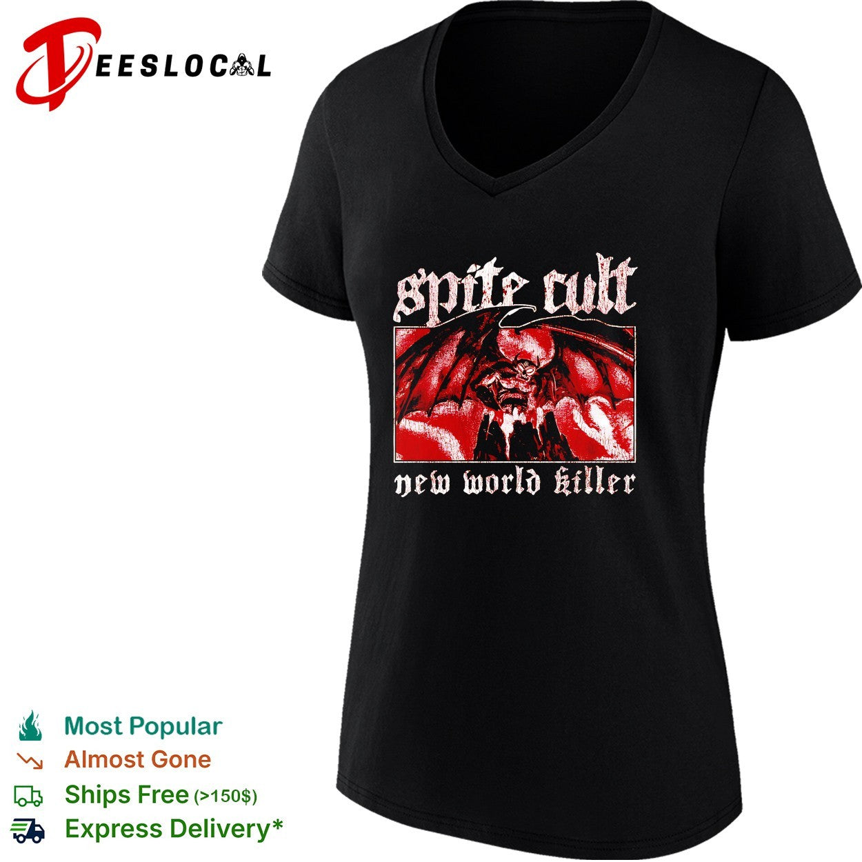 Spite Cult horned demon spreading wings on mountain new world killer band shirt