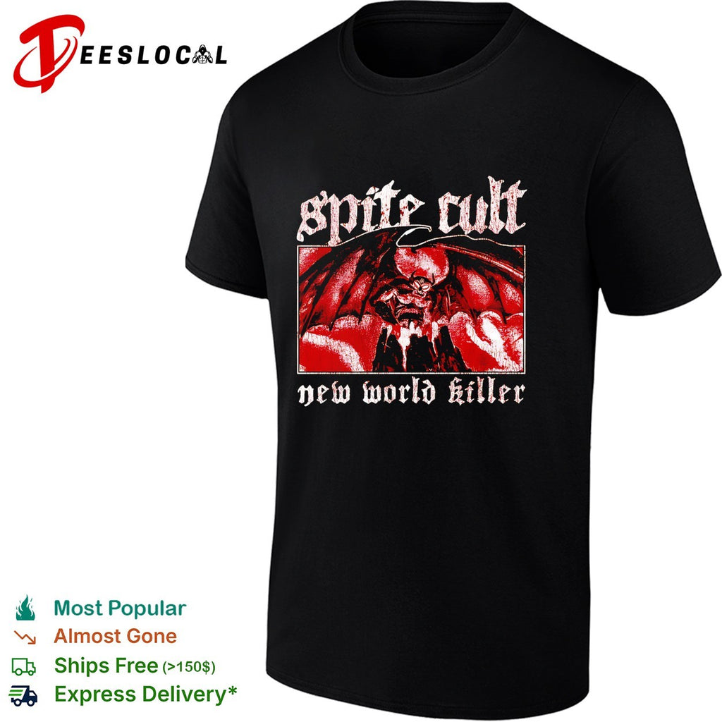 Spite Cult horned demon spreading wings on mountain new world killer band shirt