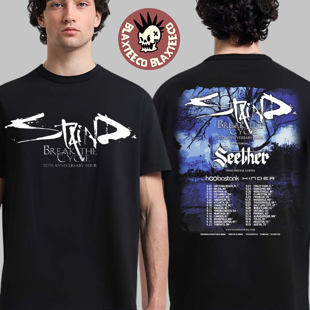 Staind Break Cycle 25th Anniversary Tour North America City Dates Two Sided Tee (1)