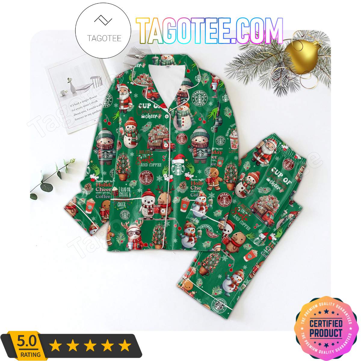 Starbucks I Believe In Santa And Coffee Shirt Pant PJ Pajamas Set