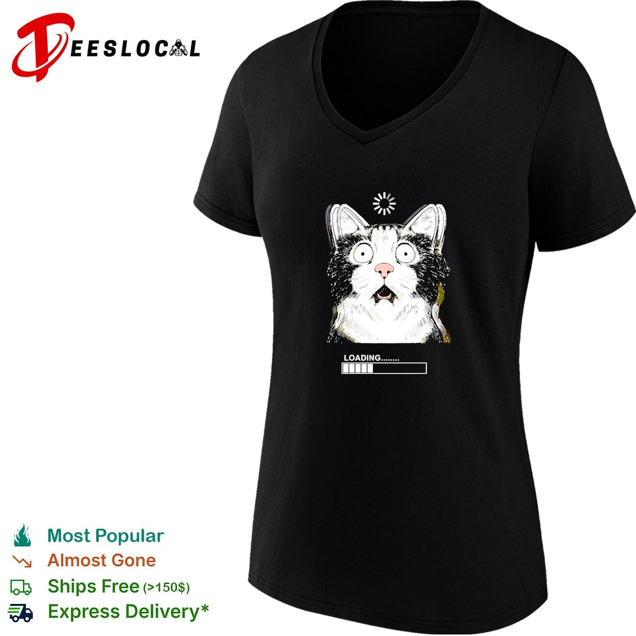 Startled tuxedo cat staring wide eyed beside loading progress bar meme shirt