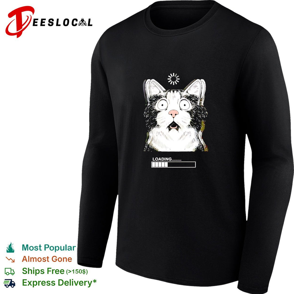 Startled tuxedo cat staring wide eyed beside loading progress bar meme shirt