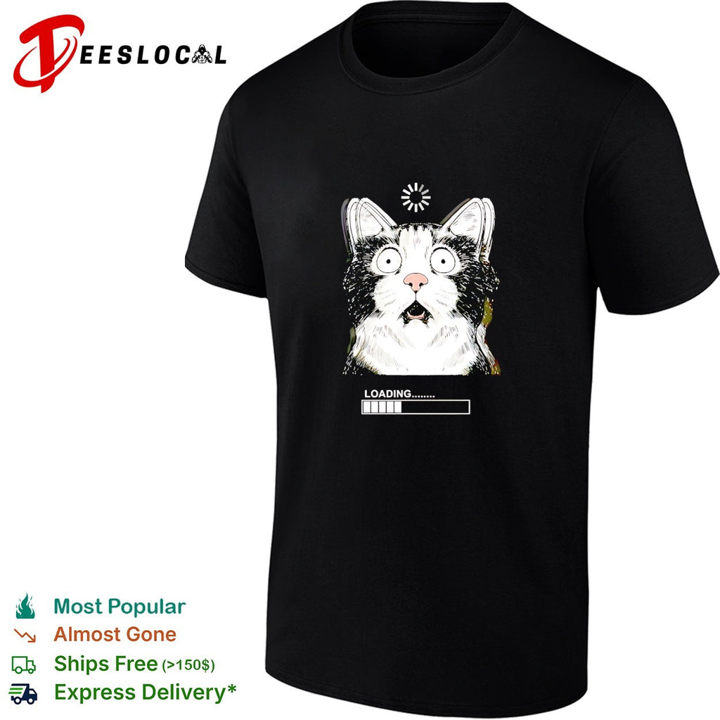 Startled tuxedo cat staring wide eyed beside loading progress bar meme shirt