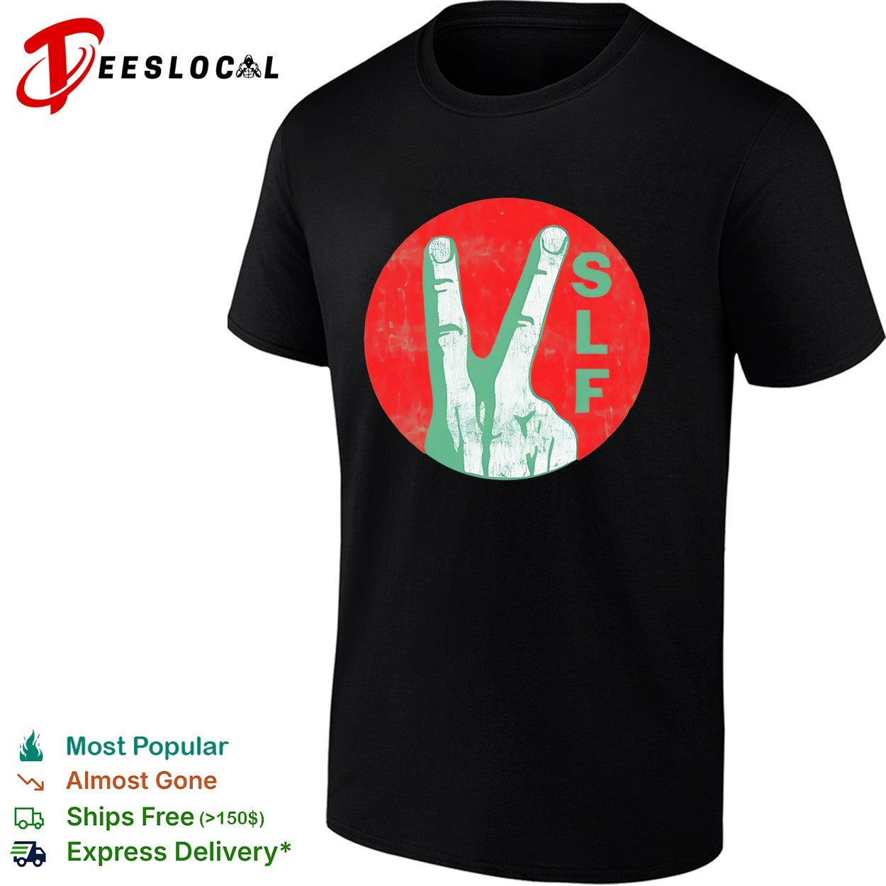Stiff Little Fingers SLF peace sign hand carved into circle emblem logo shirt