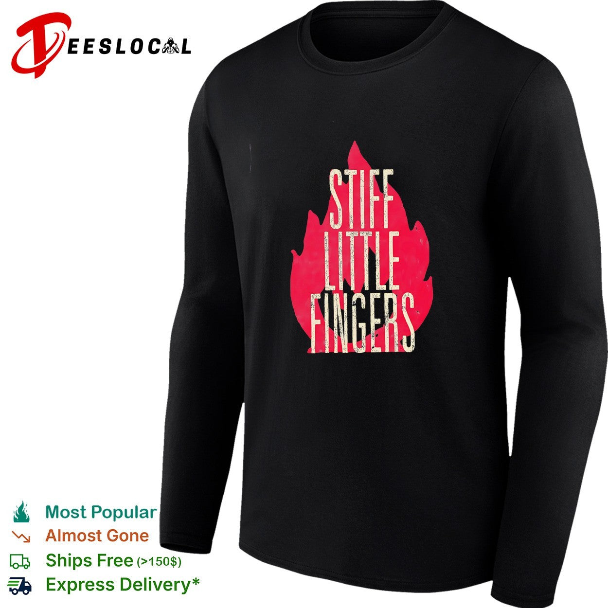 Stiff Little Fingers band name stacked above tall flame graphic backdrop shirt