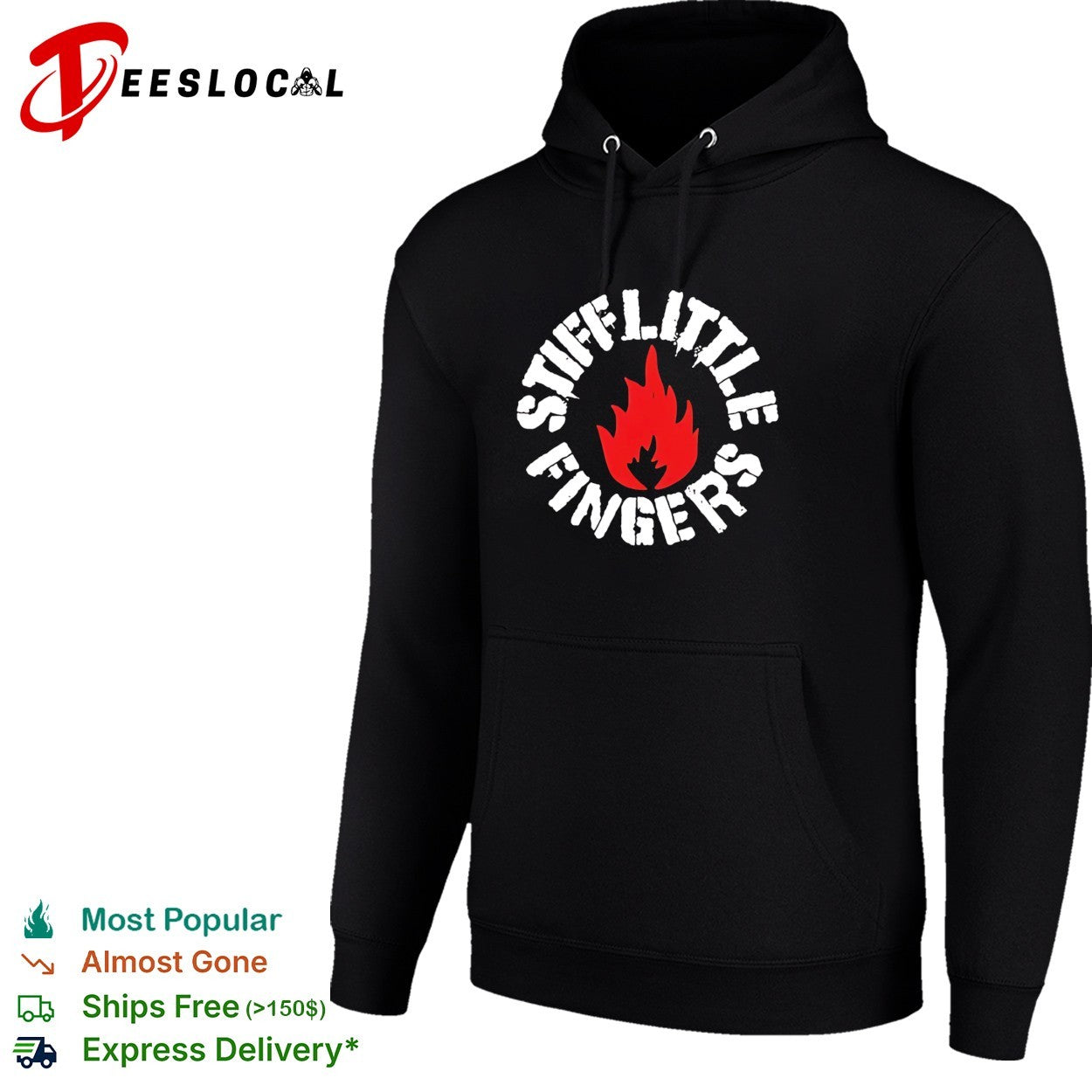 Stiff Little Fingers circular badge logo with flame emblem centered inside shirt