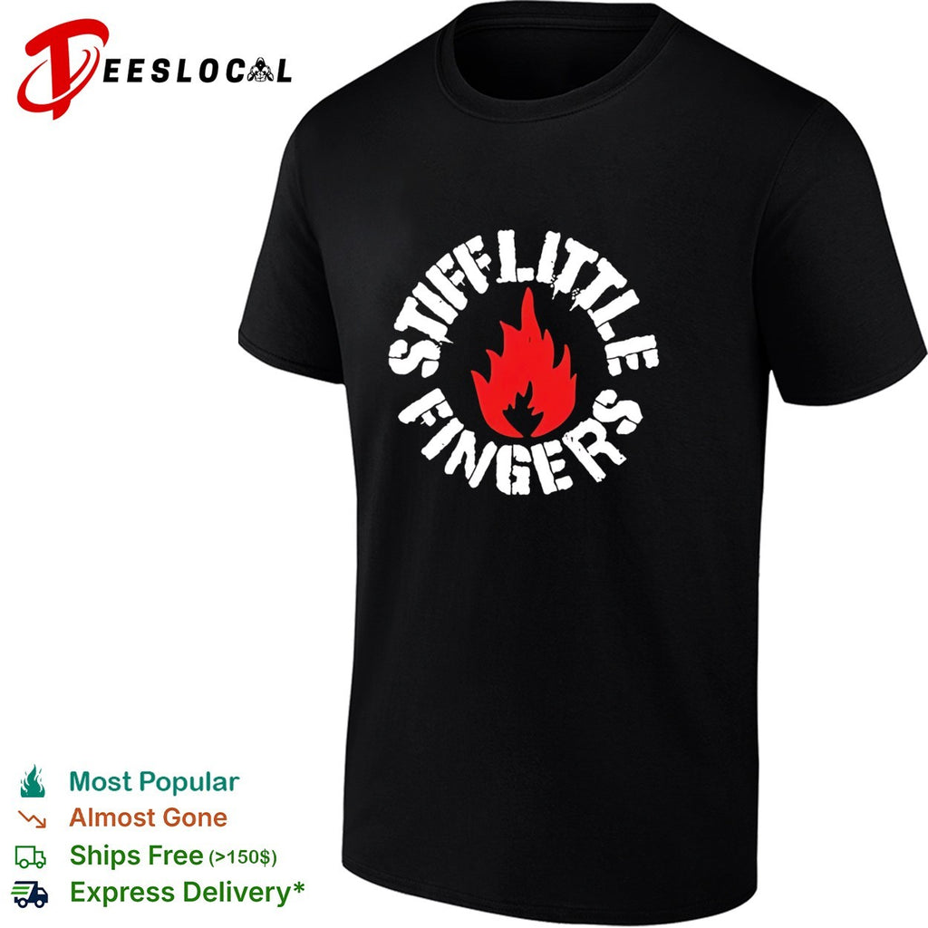 Stiff Little Fingers circular badge logo with flame emblem centered inside shirt