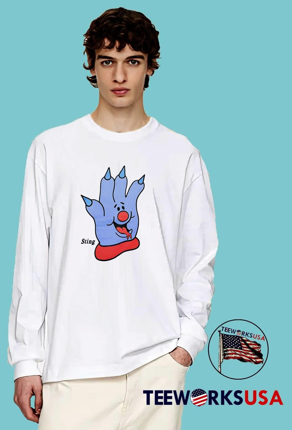 Sting Blue Cartoon Hand Character Mascot T-Shirt