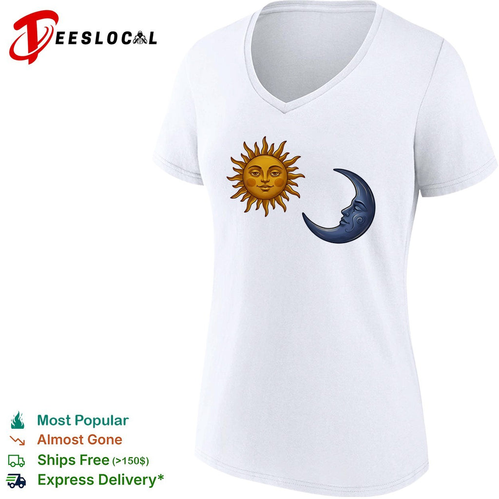 Sun face and crescent moon face celestial pair illustration graphic art shirt