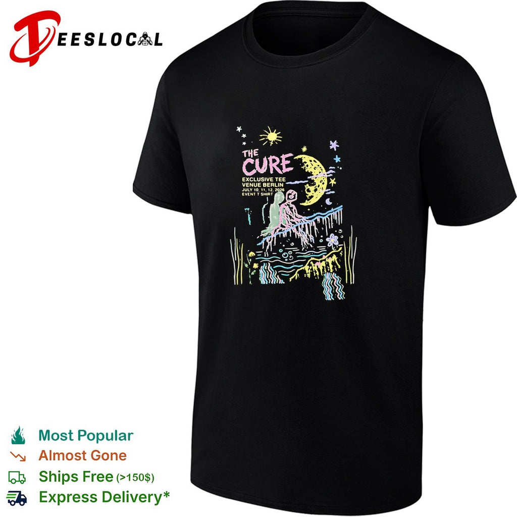 The Cure exclusive Berlin tour poster figures sitting beneath crescent moon shirt