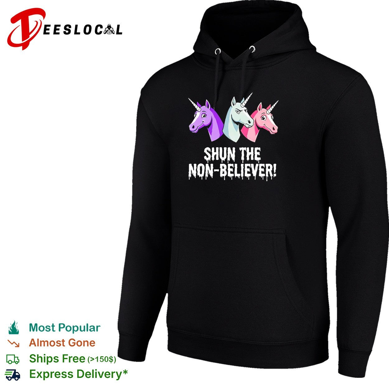 Three unicorns baring teeth glaring shun the non believer horror parody shirt
