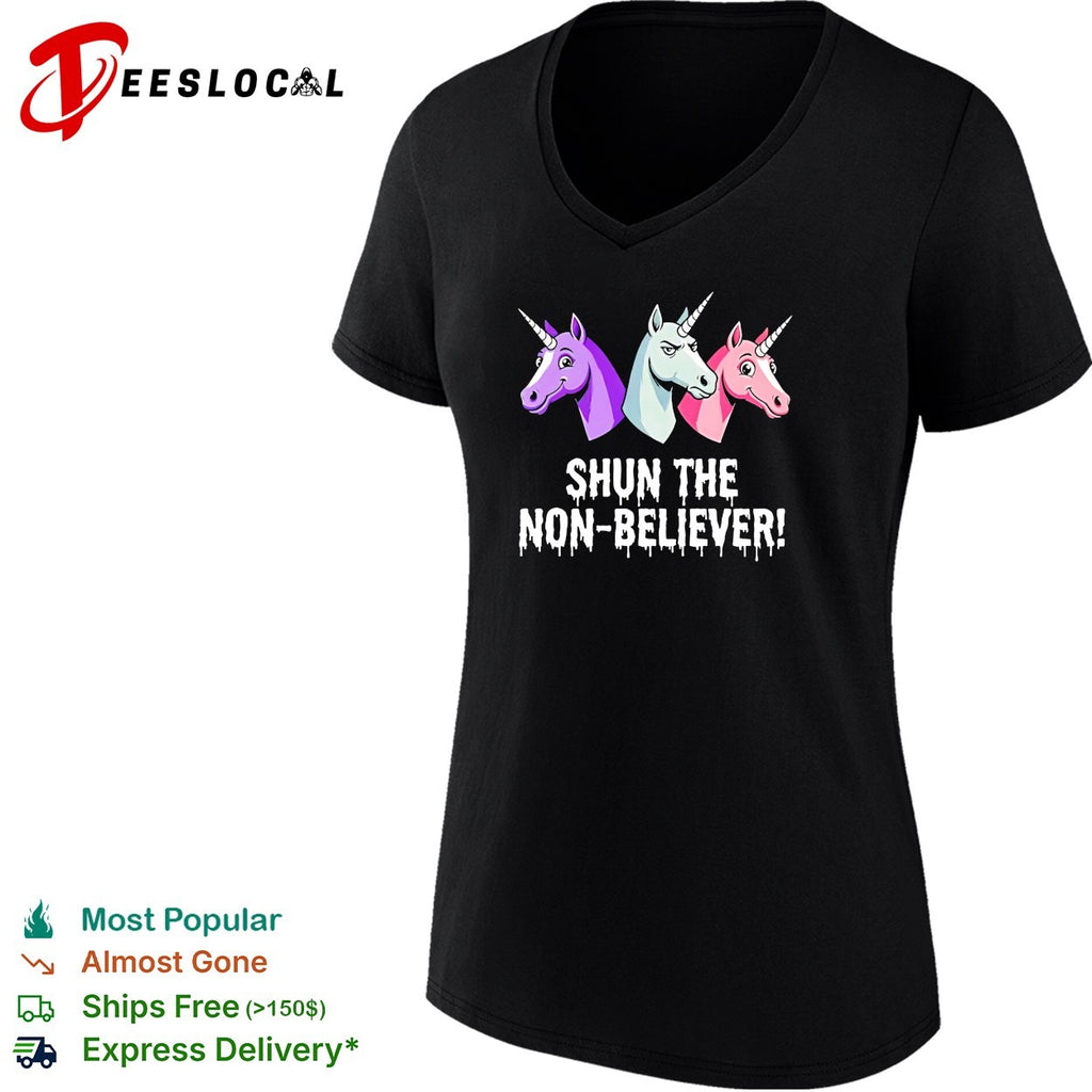 Three unicorns baring teeth glaring shun the non believer horror parody shirt