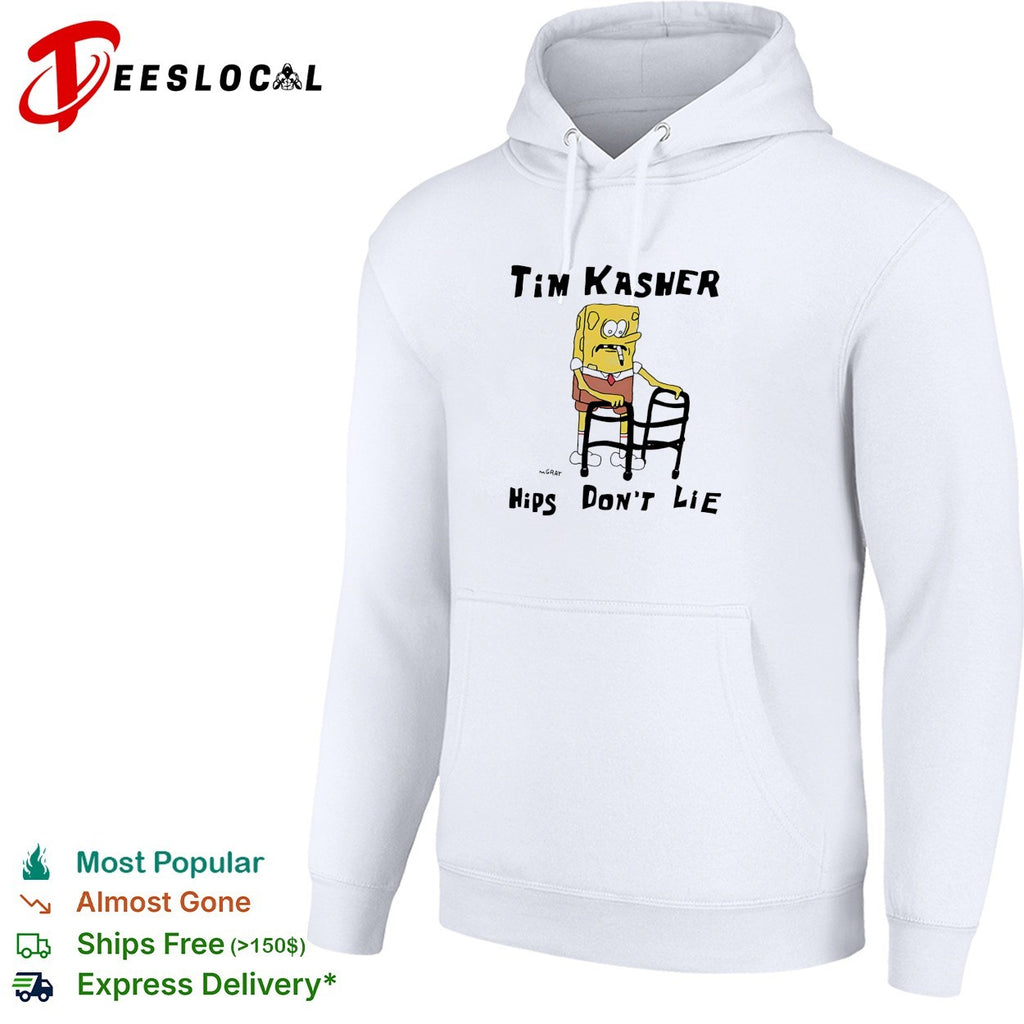 Tim Kasher SquarePants character with cigarette leaning on walker hips don’t lie shirt