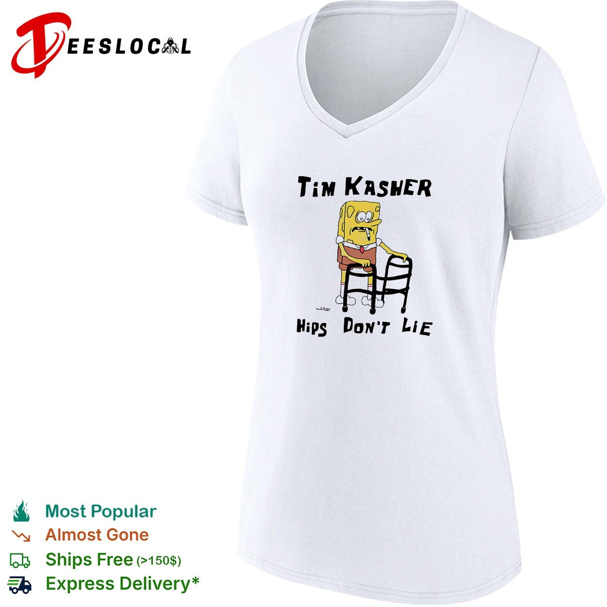 Tim Kasher SquarePants character with cigarette leaning on walker hips don’t lie shirt