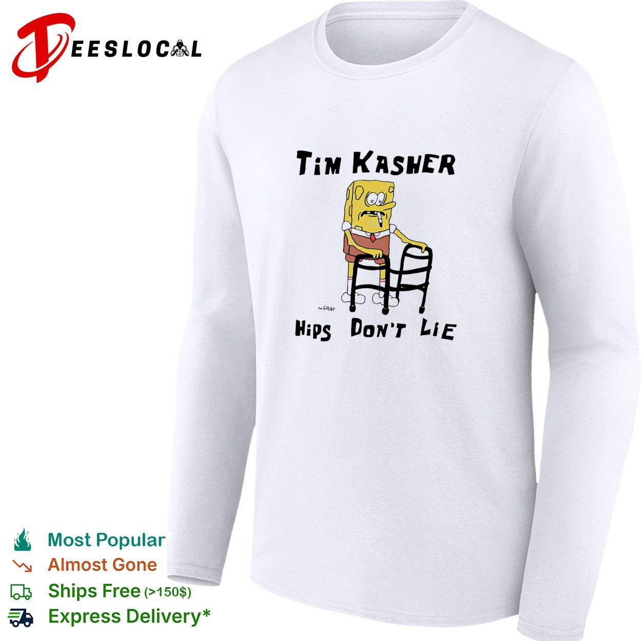 Tim Kasher SquarePants character with cigarette leaning on walker hips don’t lie shirt