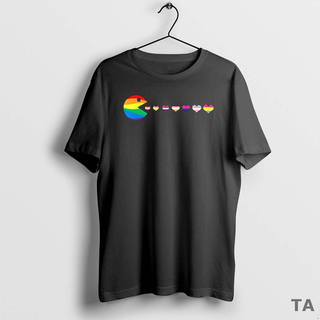 Top Pacman Pride Flags Heart Gay Parody Classic Video Game T Shirt Sweater