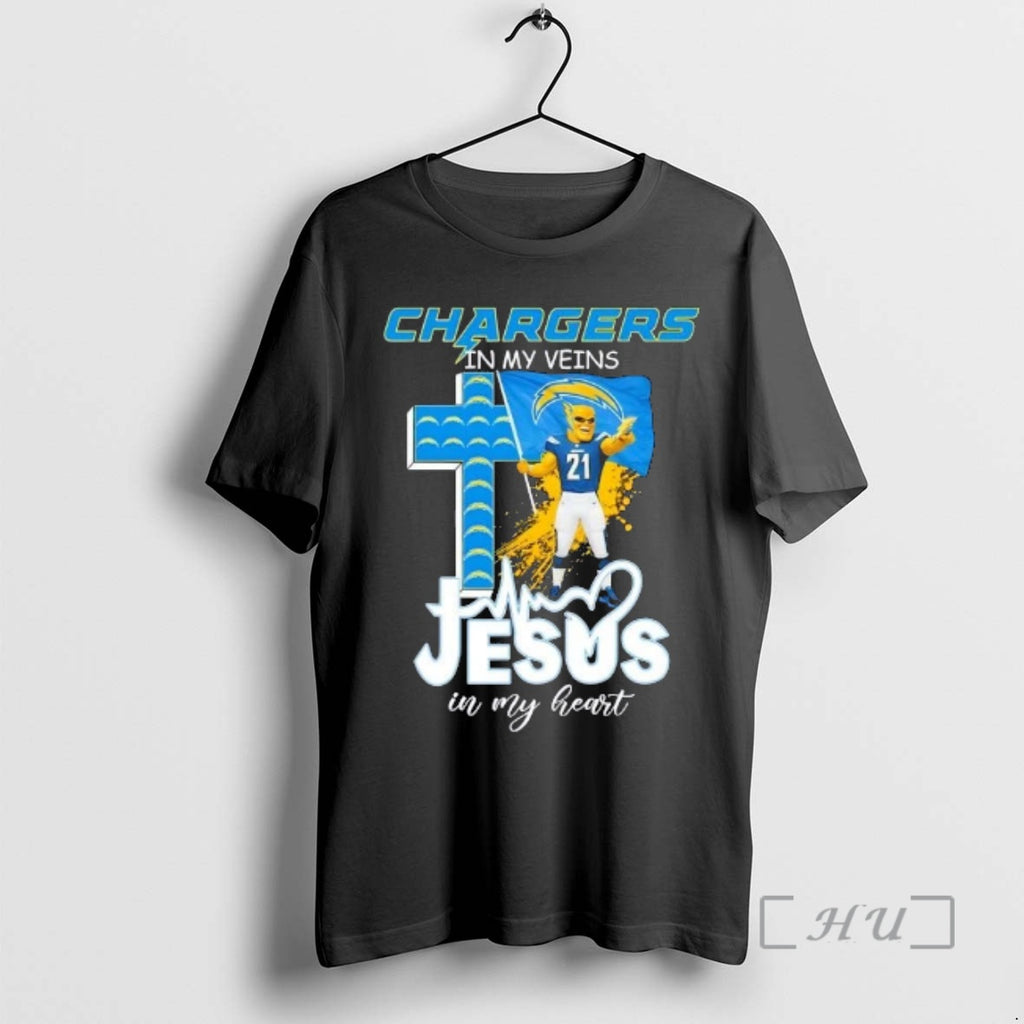 Trending Mascot Hold Los Angeles Chargers Flag In My Veins Jesus In My Heart Premium