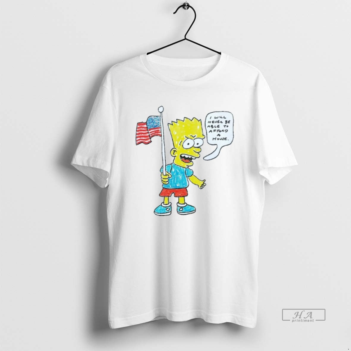 Trendy Bart Simpson Usa Flag I Will Never Be Able To Afford A House Mens Unisex , , , Long Sleeve Tee